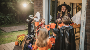 Group of kids trick or treating.