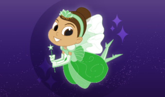 Tooth Fairy smiling and flying.