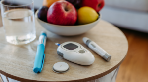 Diabetes materials on a table, ready to be used.