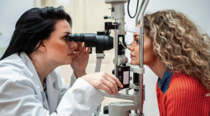 Woman getting an eye exam from an eye doctor.